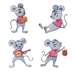 Watercolor Christmas cartoon mouse in a knitted scarf on a white background. Hand painted winter illustration. Mouse on white background. Watercolor Christmas illustration 2020.