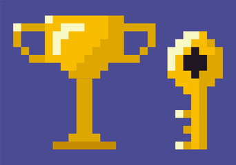 Pixel game icons vector, key and trophy for successful completion of level, unlocking doors and mysteries, solving problems, award for winner flat style