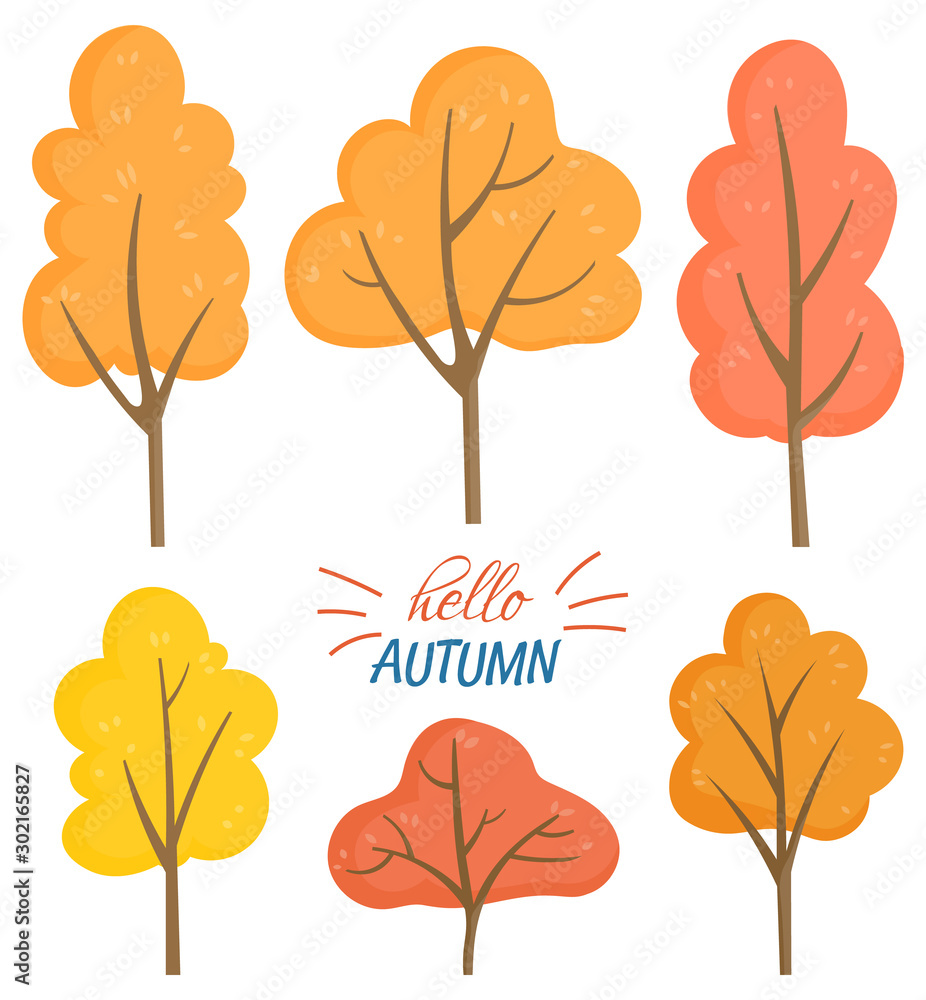 Poster nature hello autumn vector. isolated set of trees with dried branches and foliage. flora turning red