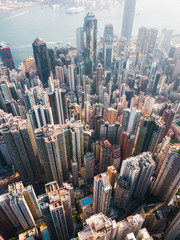 Top down view of dense tall building in Hong Kong.