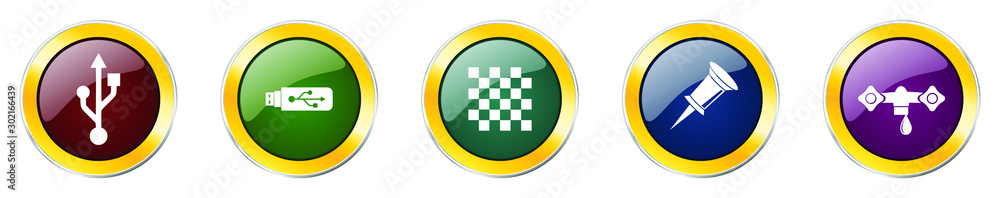 Aufkleber set of colorful web glossy vector icons, electronic, usb, pin, faucet, data and computer buttons in 
