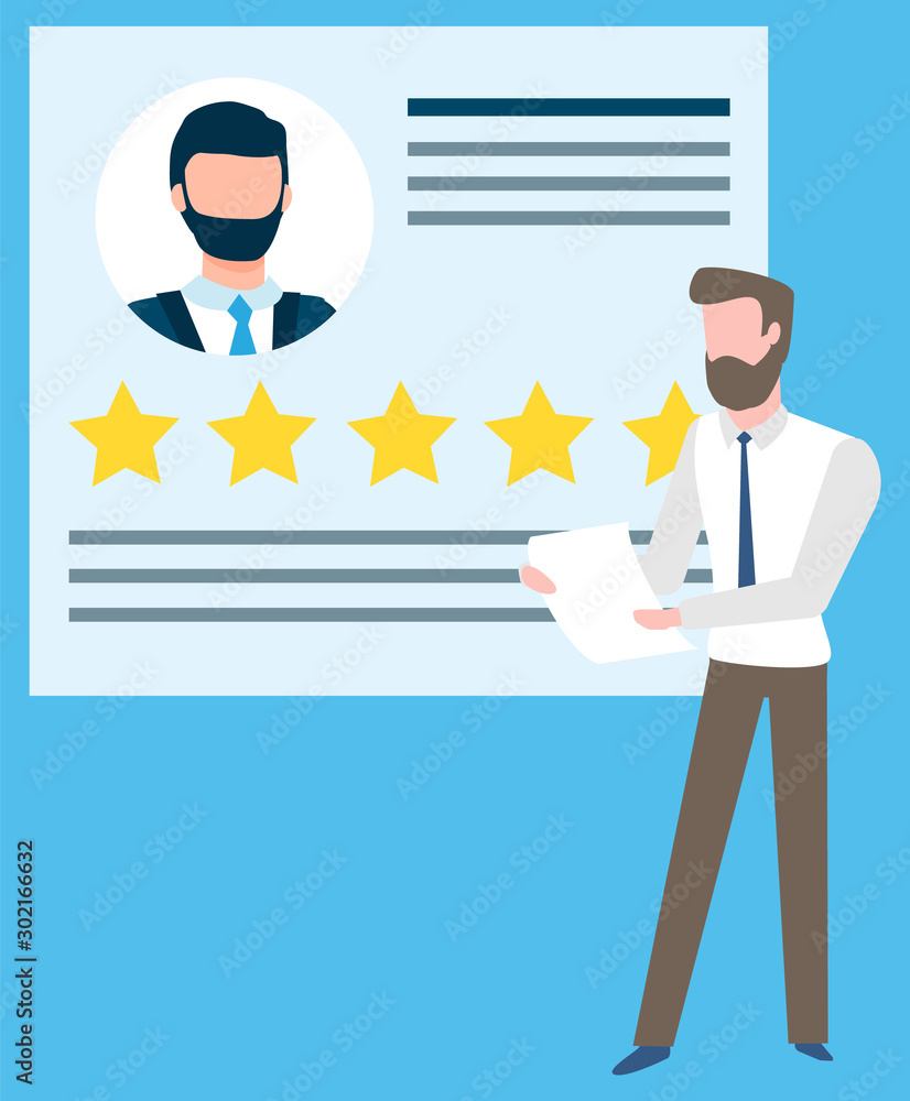 Aufkleber document with rating stars and text vector, isolated businessman holding information about partner. 