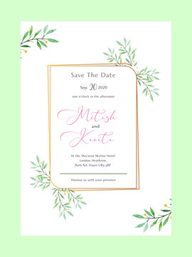 Wedding Invitation Card with watercolor Floral ornaments. green card with place for your text