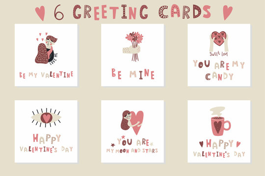 Valentine`s Day card set. Cute greeting cards. Vector illustration.