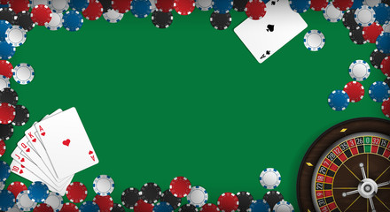 Poker table with roulette wheel, cards and casino chips realistic theme. Copy space background. Vector illustartion.