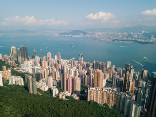 Aerial view of tall buildings in Hong Kong Island.
