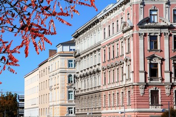 Fototapeta premium Vienna street view. Autumn leaves city view.