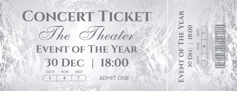 Silver ticket vector template for reward card design with frost background and golden grunge ice texture pattern. Useful for VIP Coupon, any festival, party, cinema, event or entertainment show