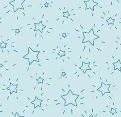 Stars are small, seamless pattern, flat, blue, vector. Contour, shining stars with rays on a blue field. Imitation of a freehand drawing.  