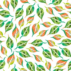 Seamless pattern of green leaves on white background. Watercolor. Design for wallpaper, fabrics, posters