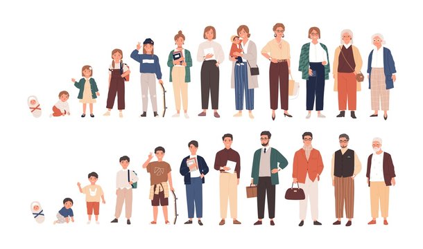 Human life cycles vector illustration. Male and female growing up and aging. Men and women of different ages cartoon characters. Children, adult and old people isolated on white background.