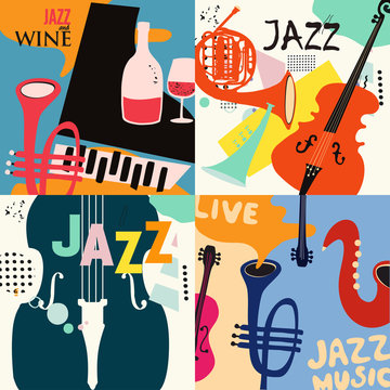 Set of music cards and banners flat vector illustration design. Music cards with instruments. Jazz music festival banners. Colorful jazz concert posters, party flyers, brochures 