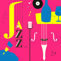 Jazz music festival poster with violoncello and microphone flat vector illustration design. Colorful music background, music show, live concert events, party flyer, jazz music poster