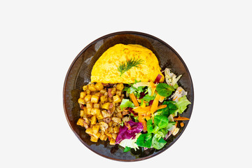 Delicious little portion of fresh grilled mushrooms with boiled egg in black ceramic plate prepared for lunch