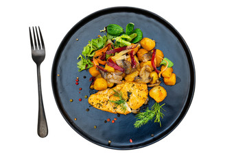 cereal specialties cooked with salad, roasted chicken aiguillette cured with salted and bacon