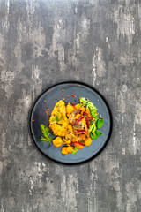 cereal specialties cooked with salad, roasted chicken aiguillette cured with salted and bacon