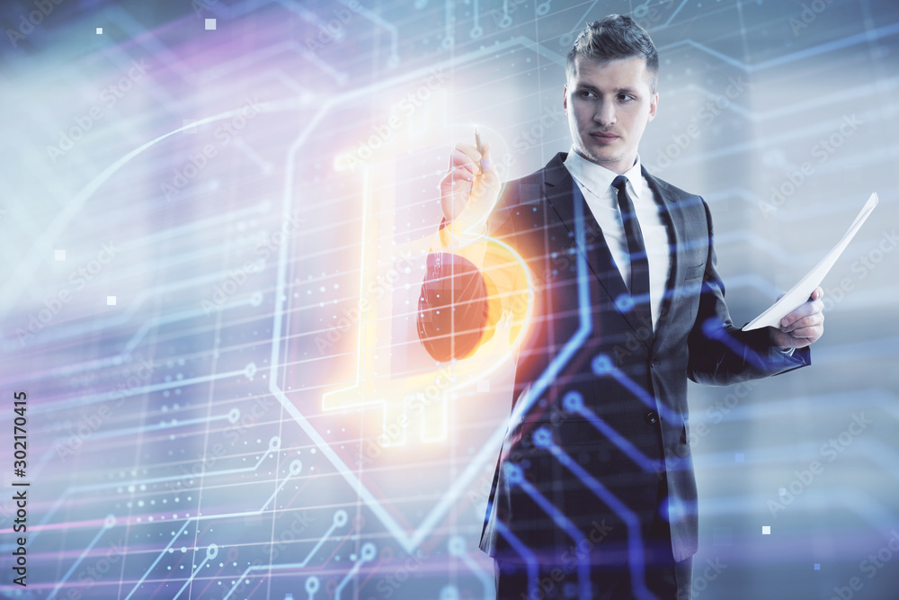 Poster man and blockchain theme hologram. multi exposure. concept of cryptocurrency