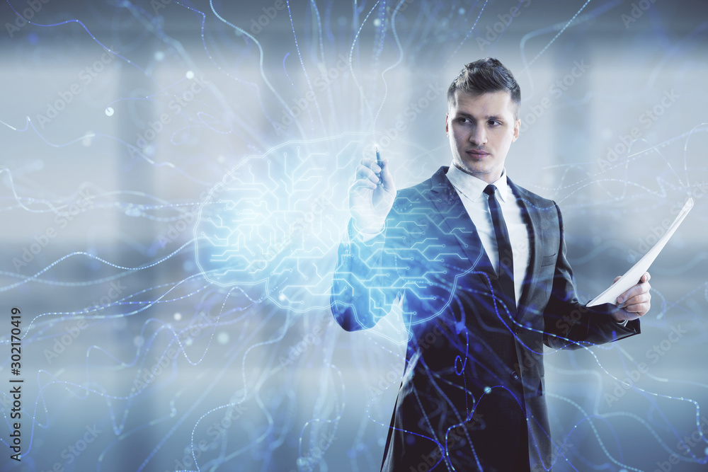 Aufkleber man and brain icon hologram. double exposure. concept of data development