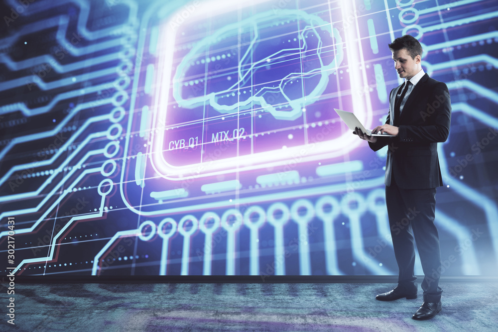 Poster man and brain icon hologram. double exposure. concept of data development