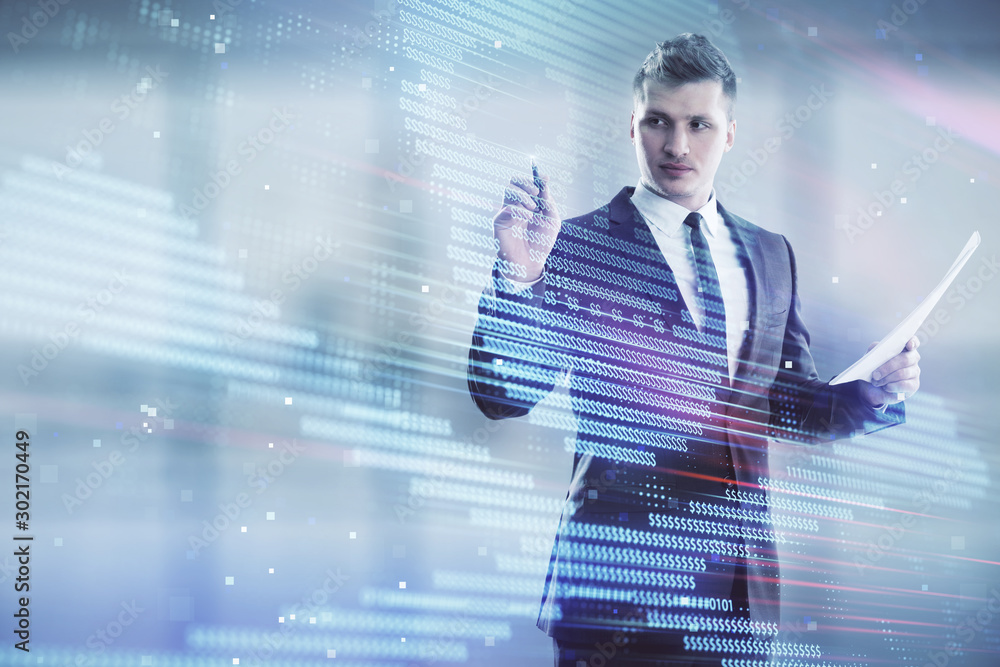 Poster man and hacking icon hologram. double exposure. concept of data safety