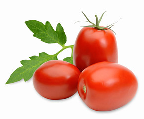 Plum tomatoes with leaves isolated on white background including clipping path