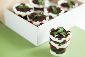  Dessert trifle on a table with raspberry syrup, spinach and cream. English cuisine. Confectionery.