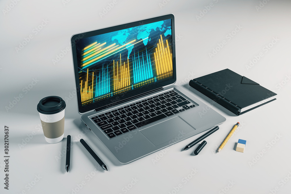 Poster laptop closeup with forex graph and world map on computer screen. financial trading and education co