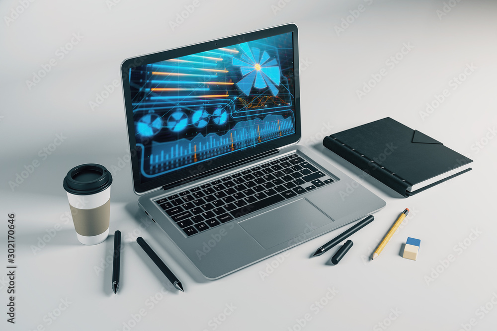 Aufkleber laptop closeup with business theme drawing on computer screen. 3d rendering.