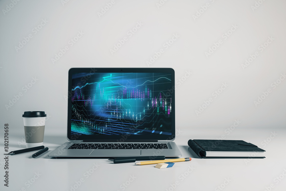 Aufkleber laptop closeup with forex graph on computer screen. financial trading and education concept. 3d rend