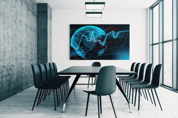 Conference room interior with financial chart and world map on screen monitor on the wall. Stock market analysis concept. 3d rendering.