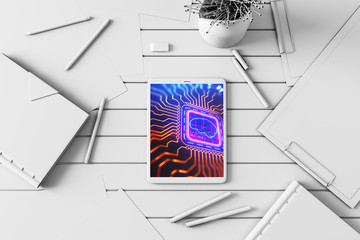 Digital tablet closeup with brain drawing on screen. Data technology concept. 3d rendering.
