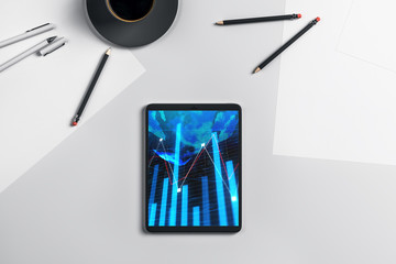 Digital tablet closeup top view with financial graph and partial world map on screen. Online international trading application concept. 3d rendering.