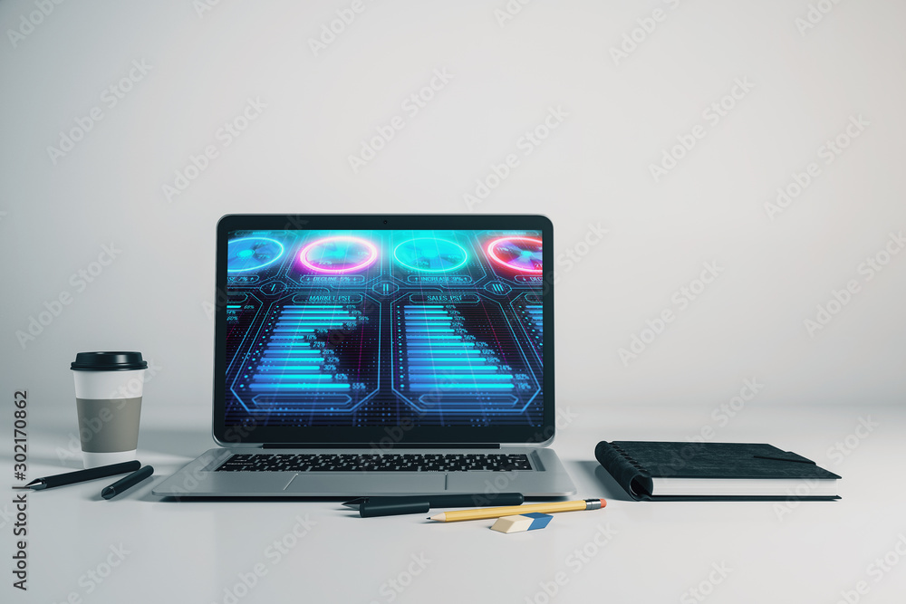 Aufkleber laptop closeup with business theme drawing on computer screen. 3d rendering.