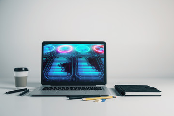 Laptop closeup with business theme drawing on computer screen. 3d rendering.
