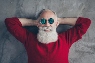 Top above high angle photo of positive festive old man relax day dream enjoy christmas time wear...