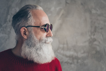 Profile side close up photo of serious fashionable old man visit christmas time party look gorgeous copyspace wear red stylish jumper isolated over grey color background