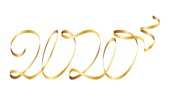 2020 golden shiny gradient inscription twisted ribbon. New Year decoration, festive event, carnival, christmas, wedding ceremony. Vector illustration