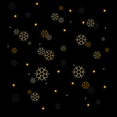 Golden snowflakes and stars on dark background. Winter Christmas background. Vector