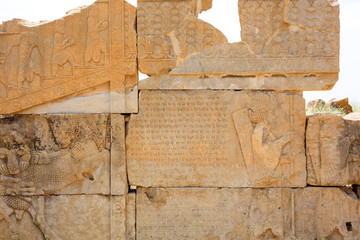 Ancient reliefs on the ruined walls of the Persepolis. Persepolis. Iran.