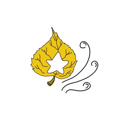 Yellow poplar leaf with a carved star in the center. Illustration of a leaf of poplar flying along with the wind. Isolated object on a white background.