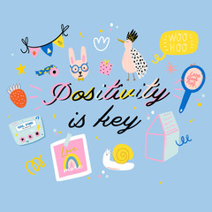 Cute scandinavian poster set including trendy quotes and cool decorative hand drawn elements. Cartoon doodle style illustration for patches, stickers, T-shirt, nursery, kids characters design. Vector.