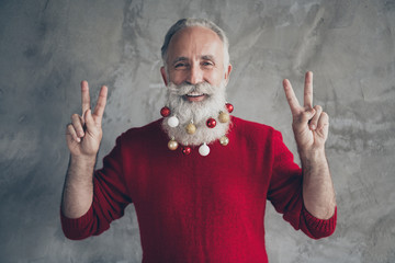 Photo of nice white haired old man ready x-mas party showing v-sign symbols cheerful wear stylish...