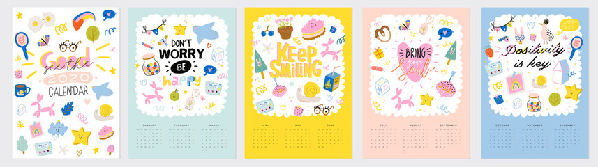 Happy Birthday wall calendar. 2020 Yearly Planner have all Months. Good Organizer and Schedule. Cute kids doodle illustration, Lettering with motivational and inspiration quotes. Vector background