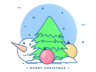 Flat style greeting card design with Xmas tree, baubles and snowman face on white background for Merry Christmas celebration.