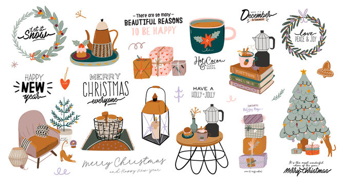 Scandinavian interior with December home decorations - wreath, cat, tree, gift, candles, table. Cozy Winter holiday season. Cute illustration and Christmas typography in Hygge style. Vector. Isolated.