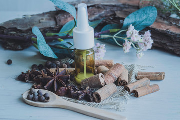 Medicine and natural cosmetics. Canister of spices and natural oils extract