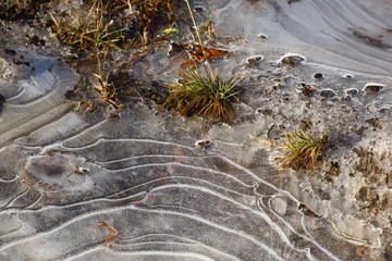 thick ice pieces in the ice close up in the winter thaw with puddles on ice