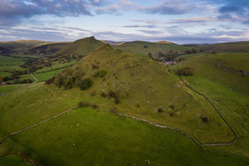 Stunning aerial drone landscape image of Peak District countryside at sunrise on Autumn Fall morning