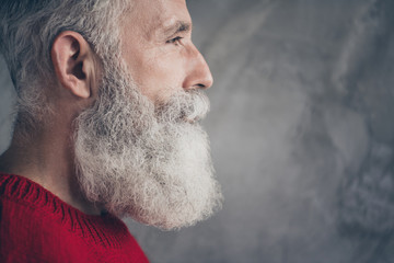 Cropped closeup profile photo of serious aged guy looking empty space deeply thinking wear red...