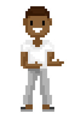 Smiling pixel character shooting, portrait and full length view of man in white clothes, male with dark skin, old game, pixel-art computer graphic vector